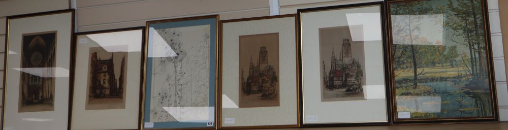 E. W. Sharland (fl.1911-1925), four colour etchings, Views of Rouen Cathedral and John Iouv House, and two other prints, largest 50 x 3